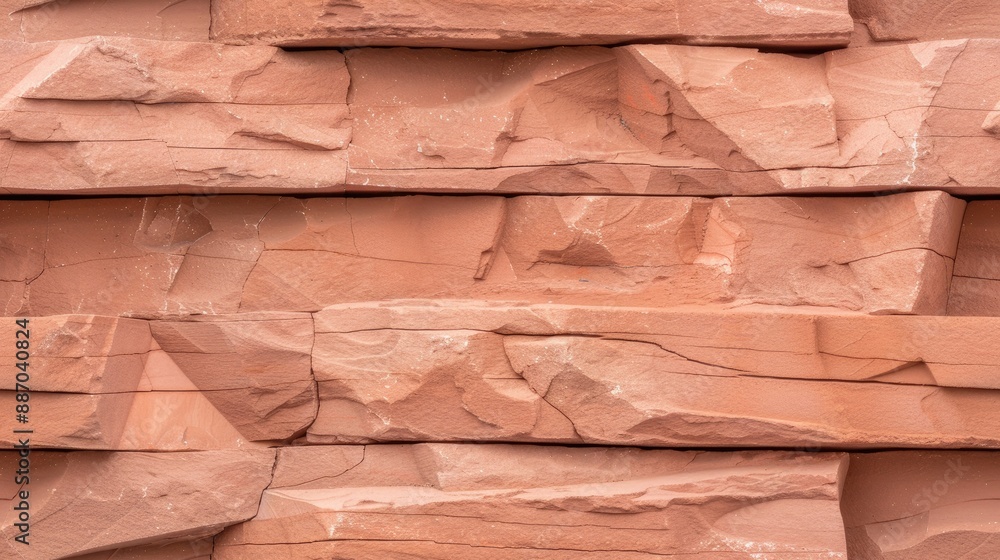 Poster a close-up shot of a wall made of red sandstone blocks. the blocks are stacked horizontally and have