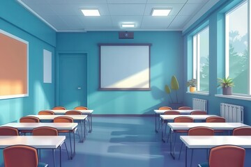 Empty classroom with desks, chairs, projector screen, and windows.  Sunlight streams through the room.  Blue walls and a bright, inviting atmosphere.