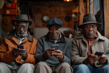 Obraz premium A group of three elderly men, each wearing a hat and warm clothing, sit closely together on a comfortable couch in a cozy, warmly lit room.