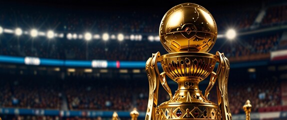Obraz premium A majestic golden trophy, adorned with intricate engravings and sparkling gems, stands tall against a backdrop of triumphant champions. The embodiment of success and achievement