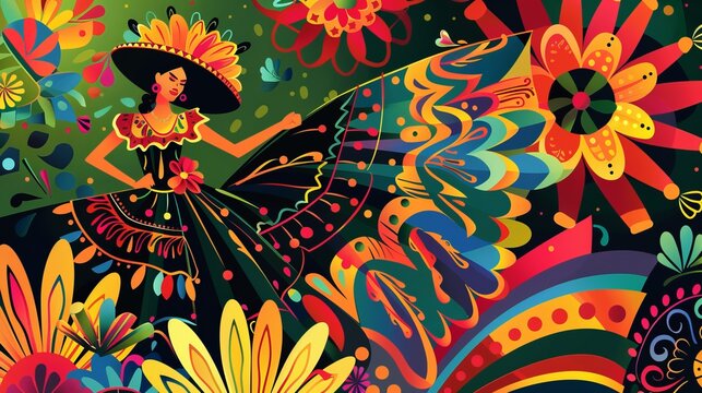 A vibrant artistic illustration capturing a dancer in colorful attire against a lively backdrop, showcasing exuberance, movement, and cultural celebration with artistic flair.