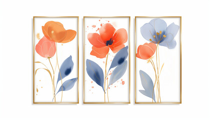 set of three abstract posters with floral art in gold frames, beautiful flower canvases 