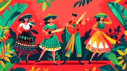 A dynamic festive scene featuring musicians and dancers dressed in vibrant attire, playing guitars and performing amidst lush greenery, evoking joy and cultural celebration.