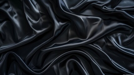 Fototapeta premium Dark black silk satin surface background elegant and textured with folds and creases Flat lay template with empty space for design