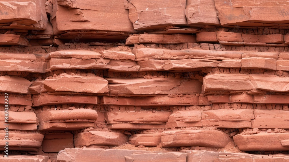 Poster a close-up shot of a wall made of red sandstone blocks. the blocks are stacked horizontally and have