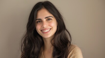 Naklejka premium Smiling Diverse Jewish Young Woman in Her Early 20s with Long Black Hair Posing for Portrait