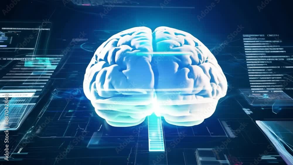 Poster a 3d rendering of a digital brain hologram against a backdrop of a futuristic digital interface.