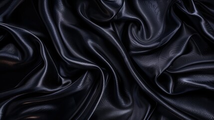Fototapeta premium Dark black silk satin surface background elegant and textured with folds and creases Flat lay template with empty space for design