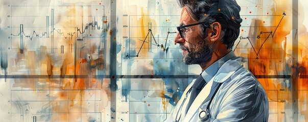 Obraz premium A dynamic watercolor illustration of a doctor with a stethoscope, set against an investment chart and clinic backdrop. This image blends healthcare and finance themes in a vibrant, artistic style.