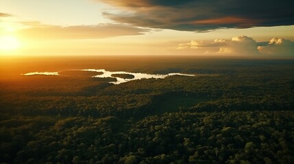 Fototapeta premium Beautiful green amazon forest landscape at sunset sunrise. Adventure explore air dron view vibe. Graphic Art