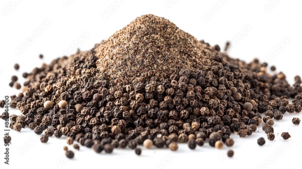Aufkleber a close-up shot of black pepper seeds arranged on a white surface, ideal for use in food-related con
