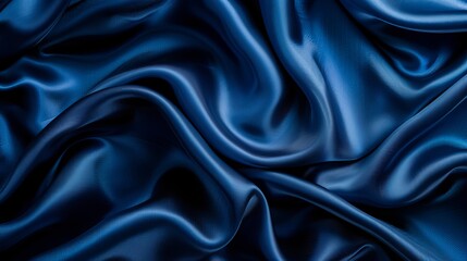 Obraz premium Dark blue silk satin background with soft folds on shiny fabric Luxury background with space for text or design Web banner format