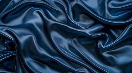 Obraz premium Dark blue silk satin background with soft folds on shiny fabric Luxury background with space for text or design Web banner format