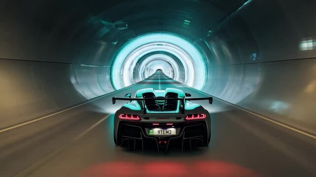 A black sports car with a rear spoiler drives through a long, illuminated tunnel.
