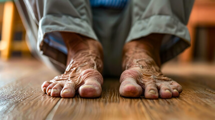 Close-up of Senior Person's Feet Showing Age and Experience, Focus on Wrinkles and Texture, Sitting on Wooden Floor
