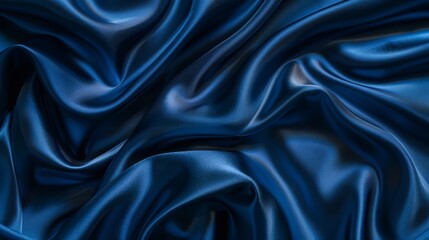 Obraz premium Dark blue silk satin background with soft folds on shiny fabric Luxury background with space for text or design Web banner format