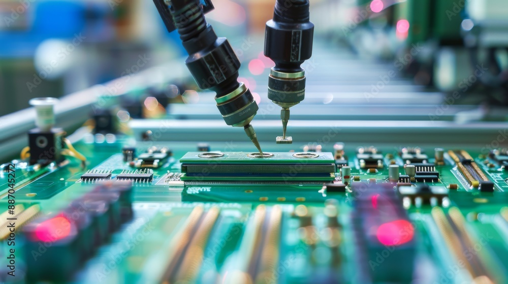 Poster high-tech factory makes circuit boards with precision robots. this assembly line is automated and pr