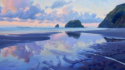 Soft pastel colors reflecting off the surf as dusk settles over Piha beach