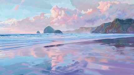 Soft pastel colors reflecting off the surf as dusk settles over Piha beach