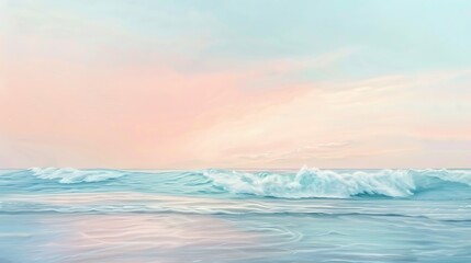 Soft pastel painting of waves in gentle gradients of sky blue and mint green, merging with a dreamy pastel sky of lavender and peach.