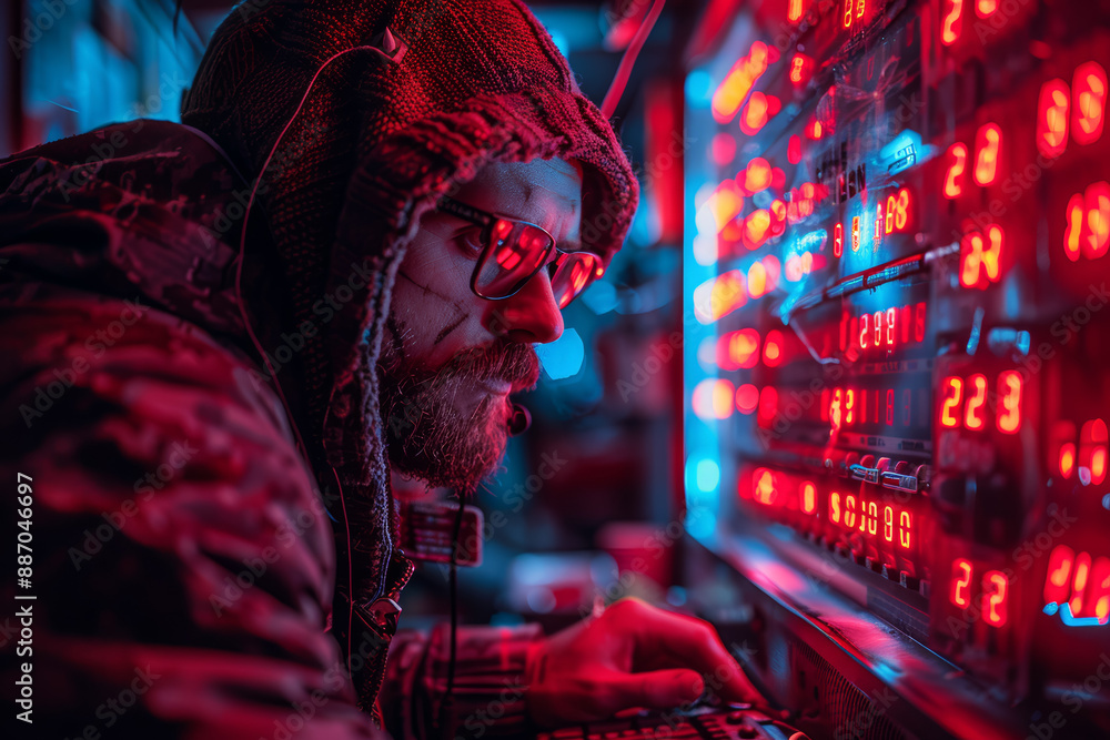 Poster a cyberpunk hacker accessing a secure network in a neon-lit room. concept of cyberpunk and technolog