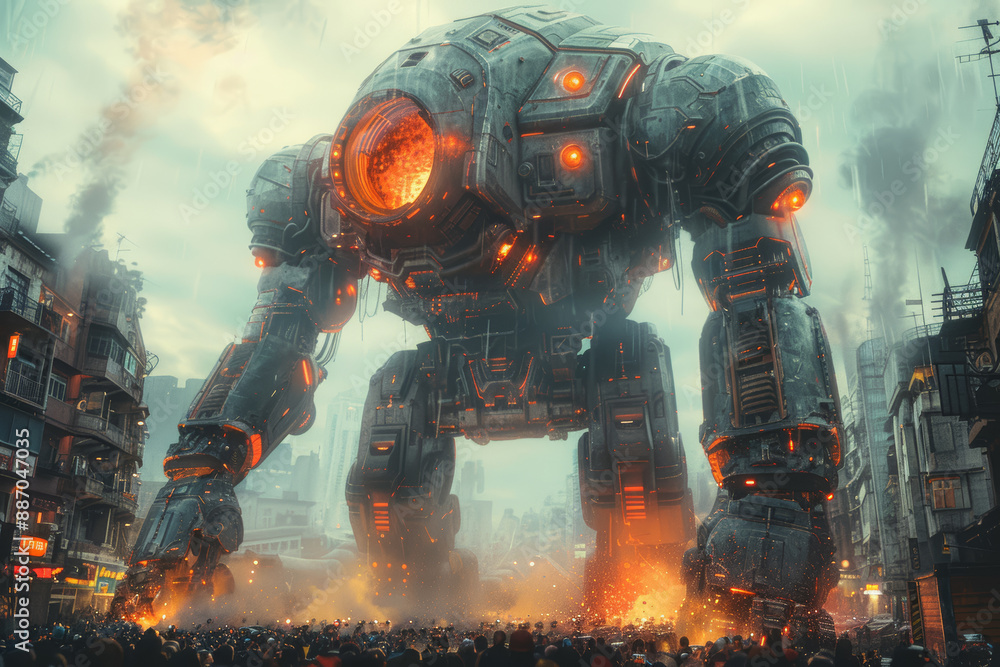Poster a giant robot defending a city from an alien invasion, capturing epic battles. concept of sci-fi and