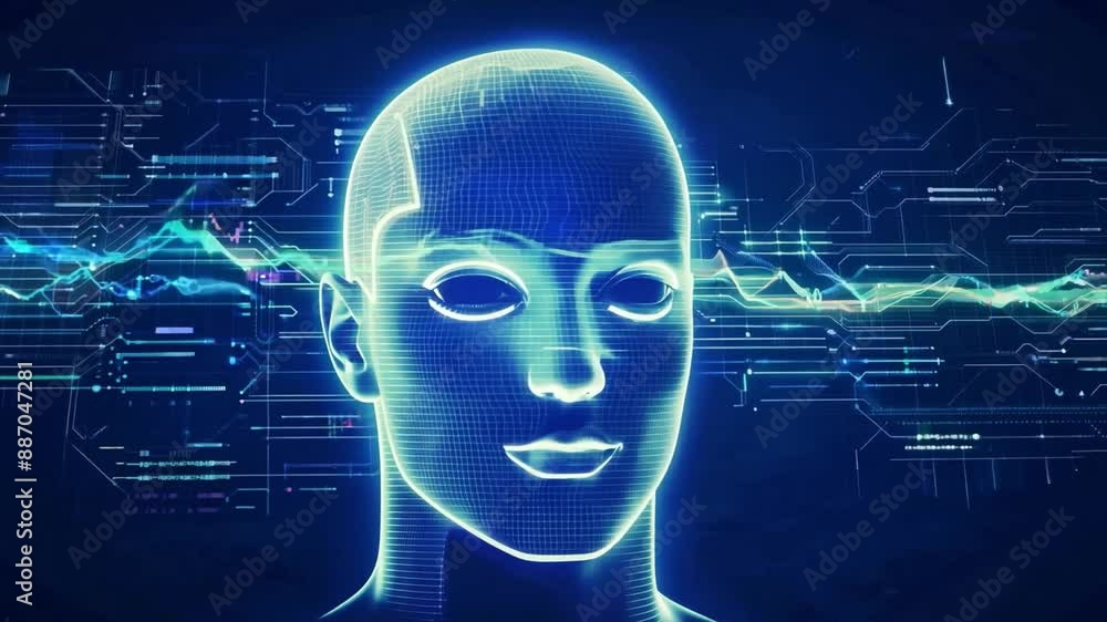 Poster a digital rendering of a human head with data flowing through it, representing the concept of artifi