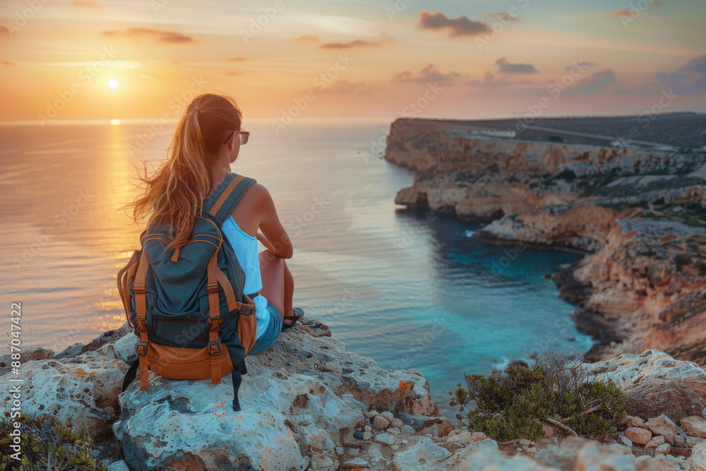 Wall mural A stylish young woman traveler watches a beautiful sunset on the rocks on the beach, Cyprus, Cape Greco, a popular destination for summer travel in Europe