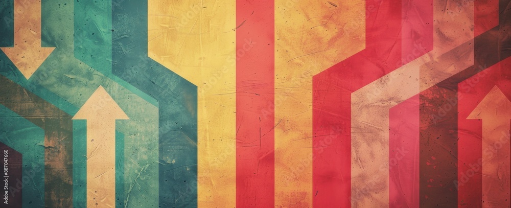 Poster a simple background with arrows in retro colors, representing the direction of business growth and d