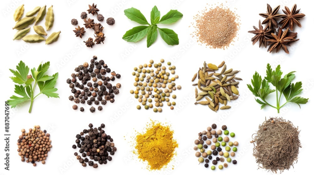 Poster a selection of various spices and herbs arranged on a white surface