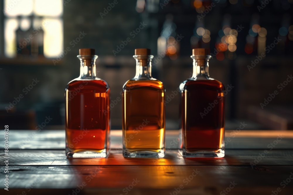 Poster three bottles of liquor placed on a table