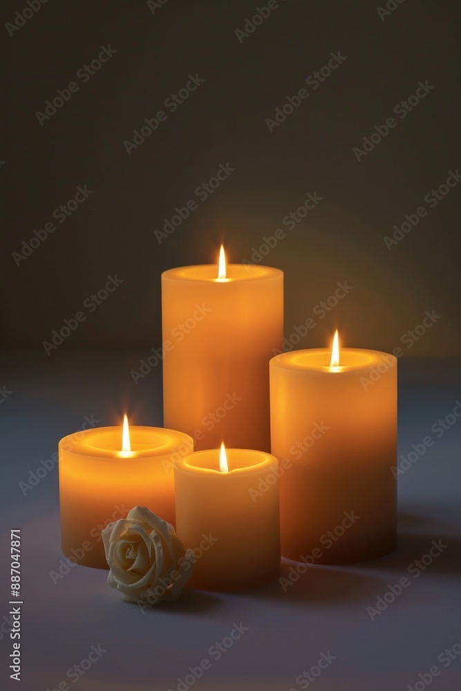 Poster A group of three candles sitting next to each other, suitable for use in interior design or event planning