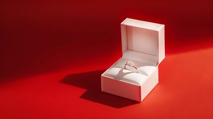 White engagement box with a white ring on a red background