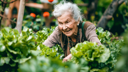 Elderly woman joyfully tending her lush vegetable garden on a sunny day, surrounded by healthy greens and vibrant plants, showing the joy of gardening in old age
