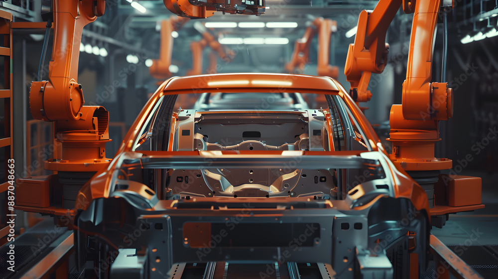 Poster automated robot arms in action: car assembly line production at a car factory.