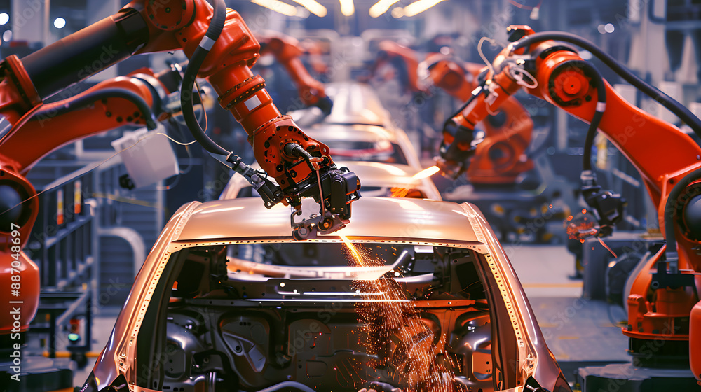 Poster automobile assembly line automation with robot arms in a car factory.