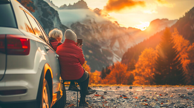 Elderly couple enjoys scenic mountain sunset by car during autumn trip