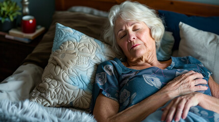 Elderly woman peacefully sleeping in bed during daytime nap