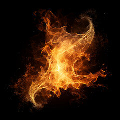 Abstract fire shape, glowing flame, black background,