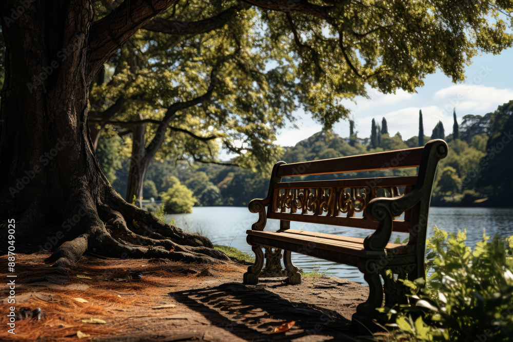 Poster A serene park bench nestled under a canopy of trees, inviting relaxation and contemplation. Concept of tranquility and nature's embrace. Generative Ai.