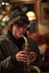Fototapeta premium A musician playing a saxophone with a blurred background, focusing on the instrument and the act of playing, capturing the essence of a live jazz performance