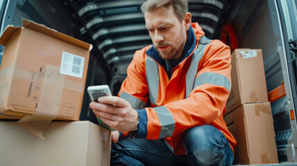 Delivery worker checking phone for addresses while organizing packages in van