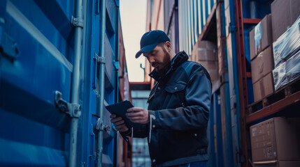 Warehouse worker inspecting cargo container with tablet in modern logistics center