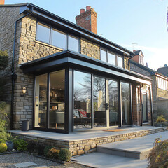 Glazed veranda with a flat roof on the external facade of an existing semi-detached house with glazing in a loft style