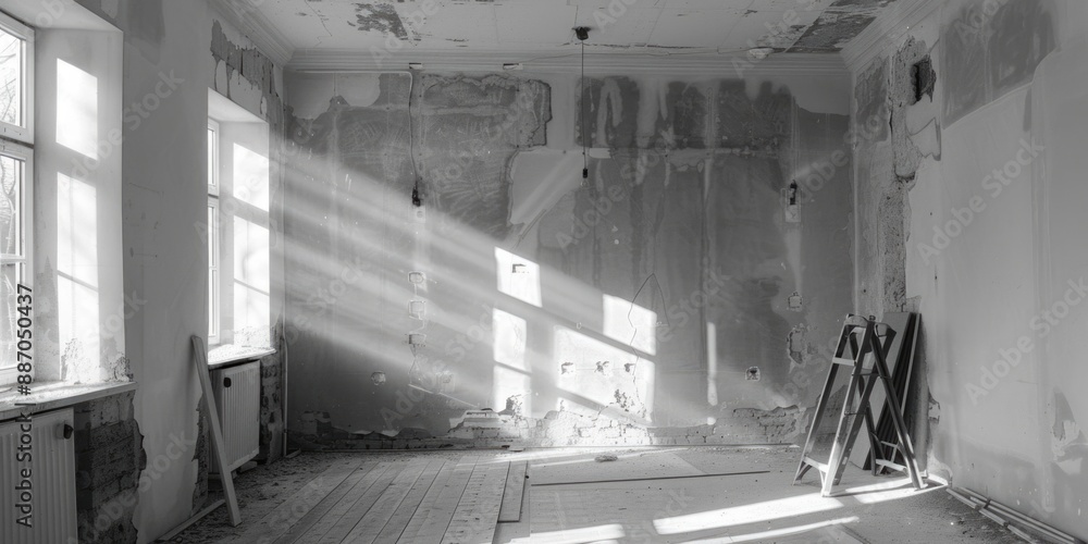 Poster A black and white photo of an empty room with walls still under construction, showing the process of renovation in progress