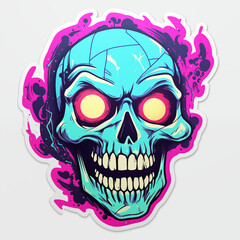 Fototapeta premium Neon Blue Skull , bright sticker on a white background
