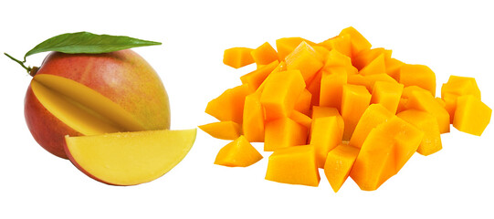 Fresh Ripe Mango with Cubes Isolated on White Background