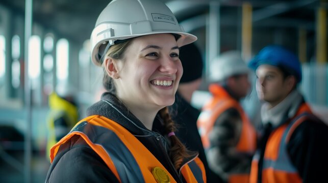  woman in a high vis vest and hard hat at a construction site