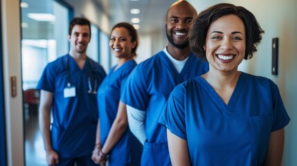 multiethnic male and female nurses are smiling and standing in a hospital hallway