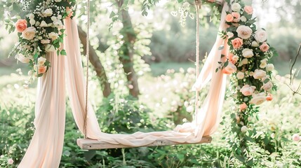 Wooden swing decorated with flowers and cloth for the wedding
